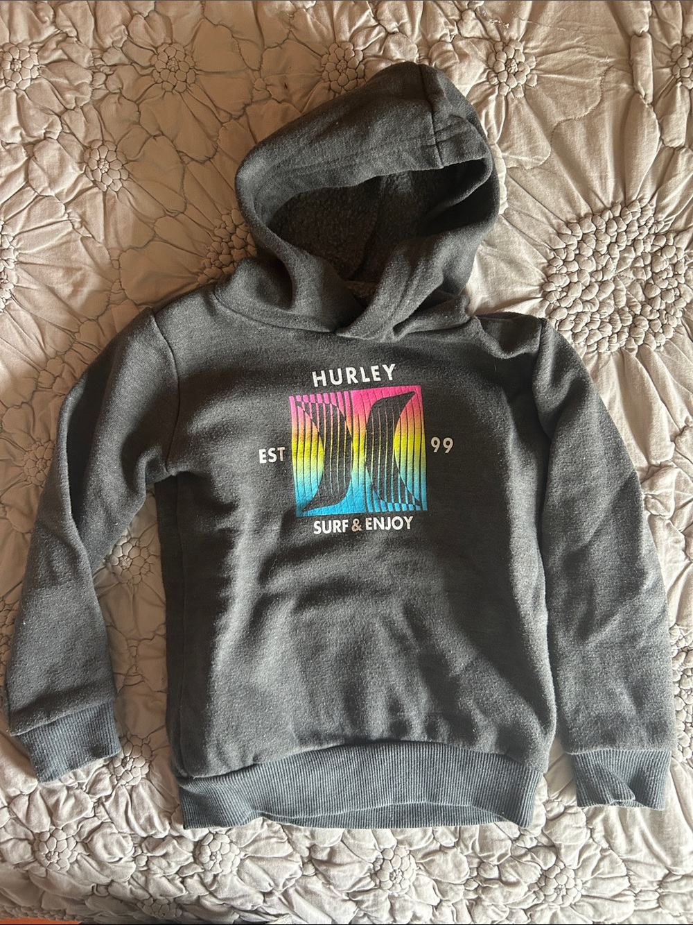 Hurley Charcoal Hoodie with Rainbow Surf Graphic